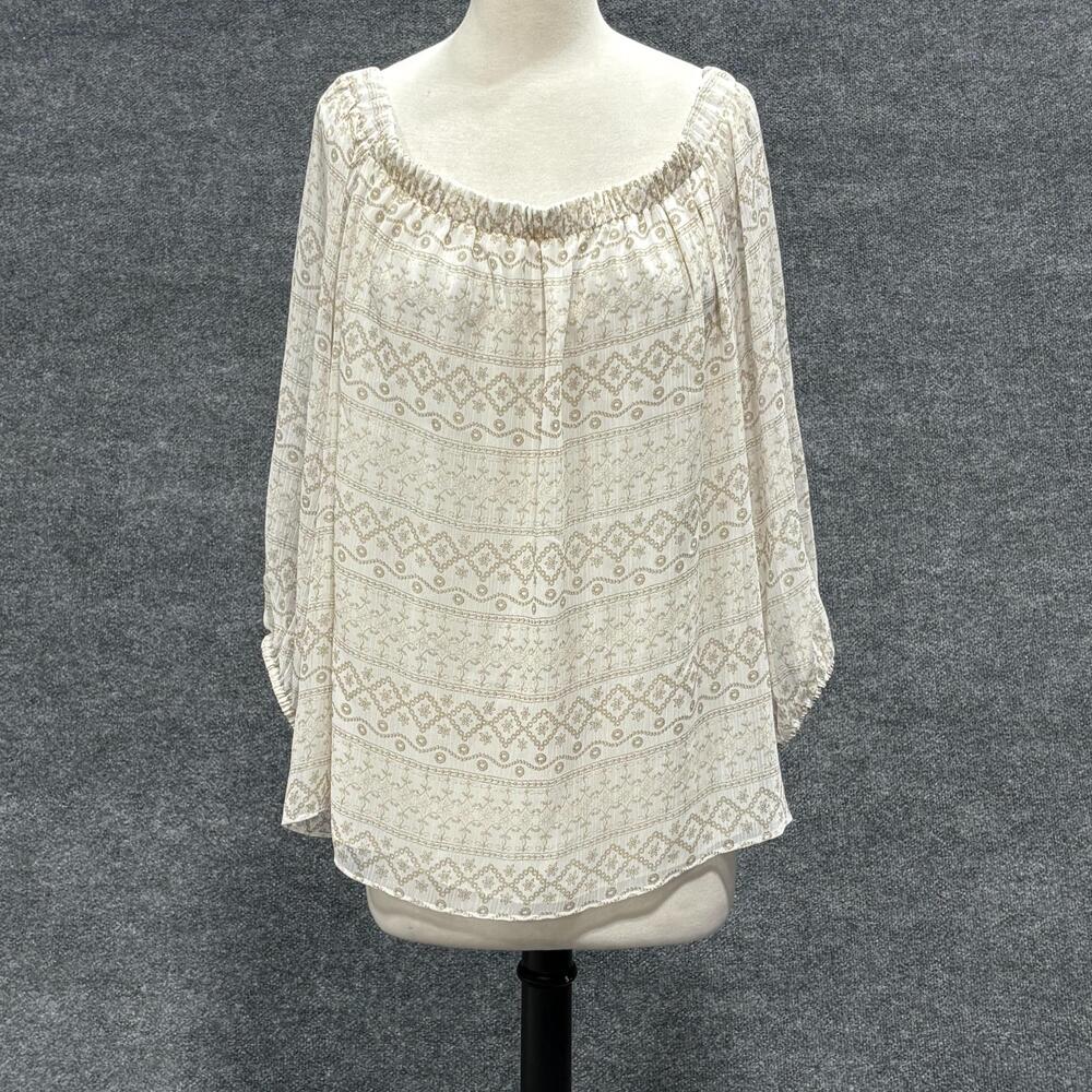 Cato Blouse Womens 22/24 Beige Geometric Off Shoulder 3/4 Sleeve Peasant Tunic